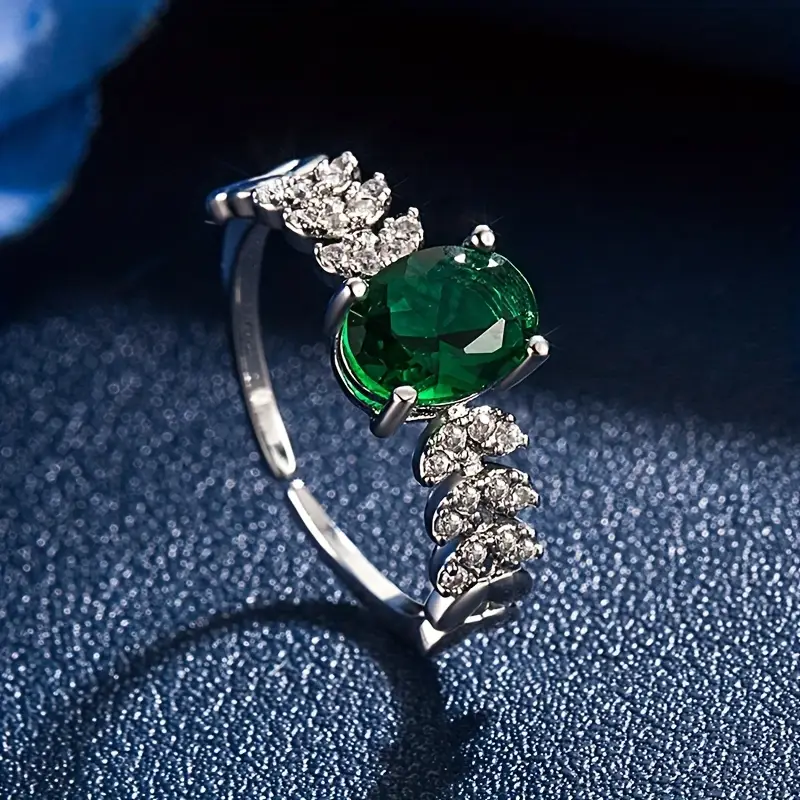 Adjustable Green Gemstone Ring with Sparkling Accents