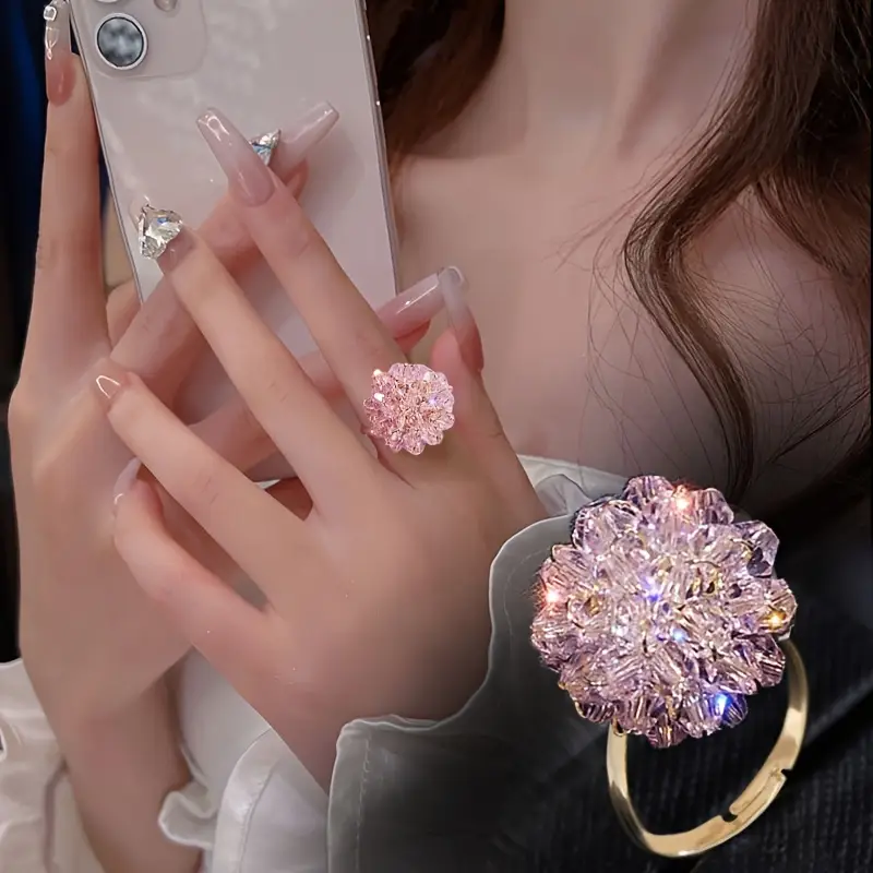 Adjustable Imitation Crystal Flower Ring 2