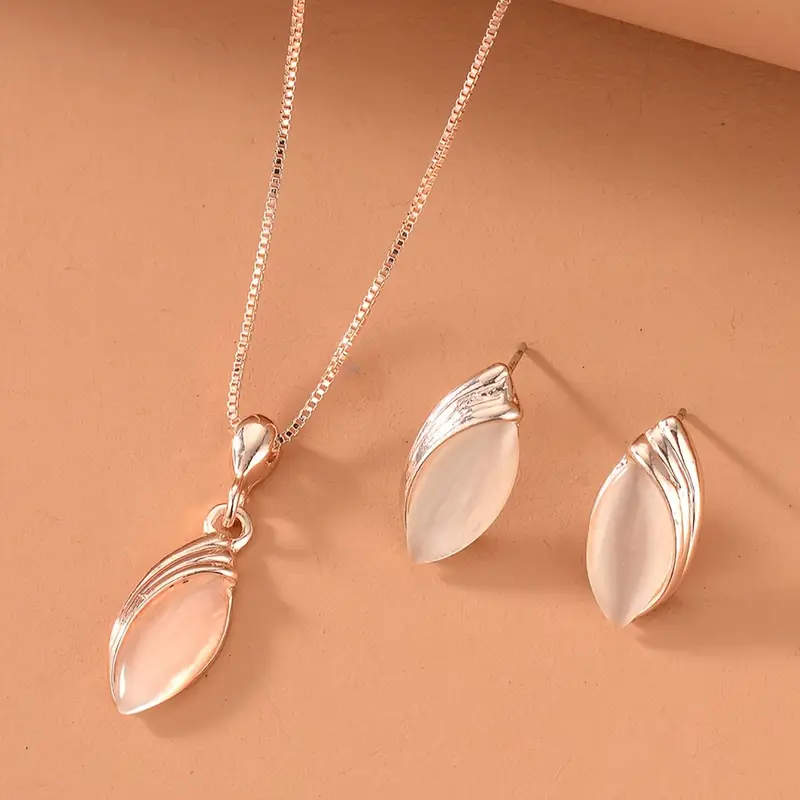 Minimalist Oval Cat's Eye Stone Necklace And Earrings Set