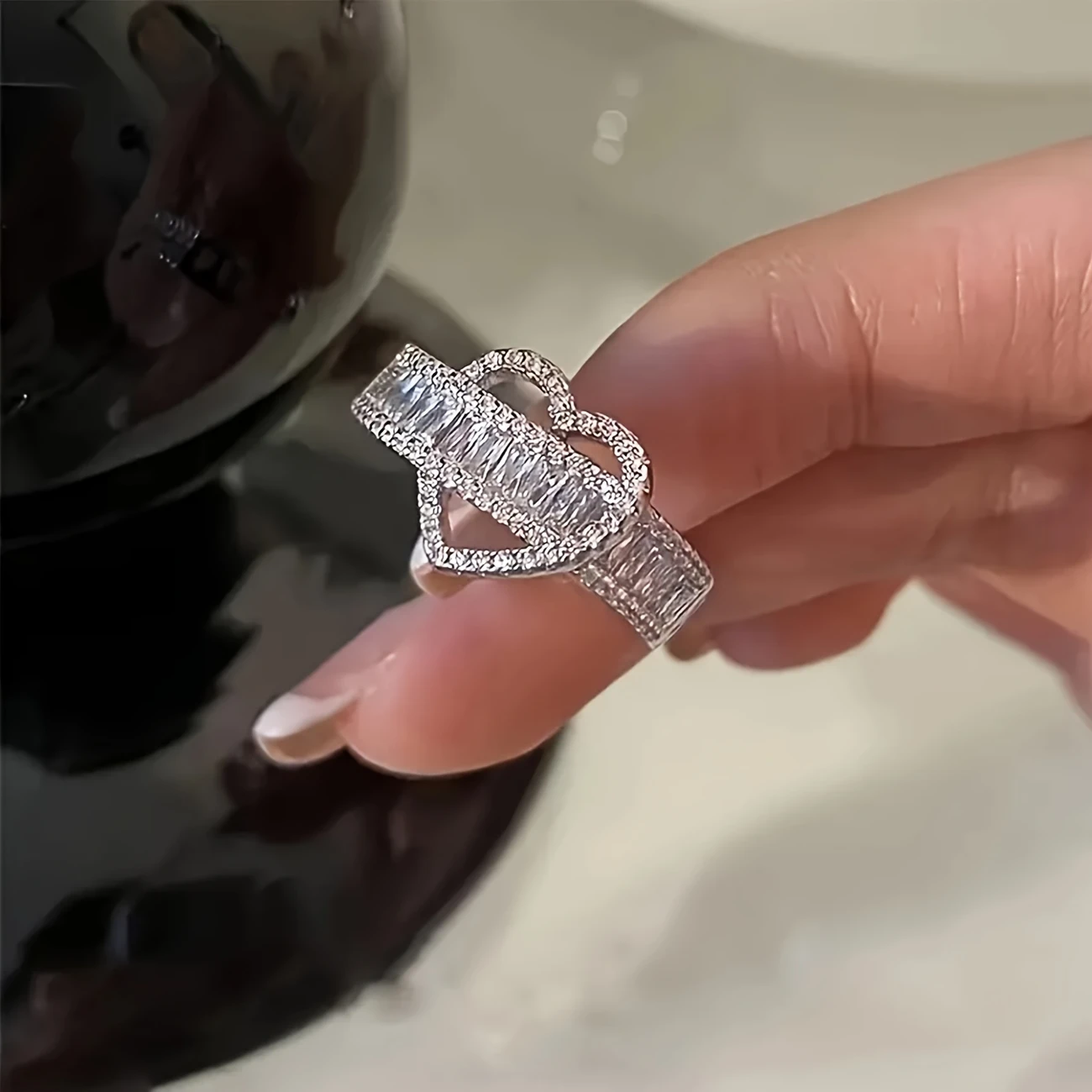 Heart-Shaped Ring with Sparkling Rhinestones